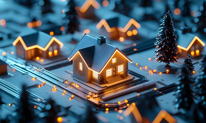 Obraz premium Illuminated House Model Surrounded by Digital Cityscape at Night