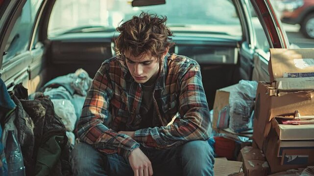 Young man sitting in a packed car, surrounded by moving boxes, looking pensive