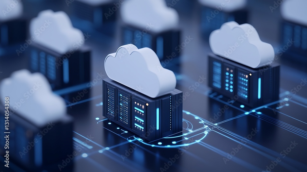 Poster modern cloud computing concept with servers and cloud icons on digital background for technology and