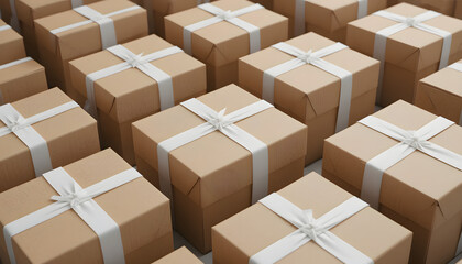Stacked Cardboard Boxes with White Tape, Ready for Shipping or Gifting