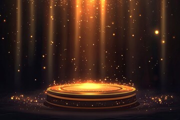 Vector illustration of a podium pedestal with golden light rays and bokeh lights on a dark background, shining stars, and an empty space in the center for an award ceremony design concept, detailed. 