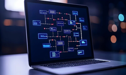 Computer Displaying Complex Data Flow and Network Structure Diagram