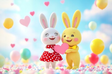 Obraz premium Cute Cartoon Bunnies Holding a Heart Celebrate Love and Valentine's Day