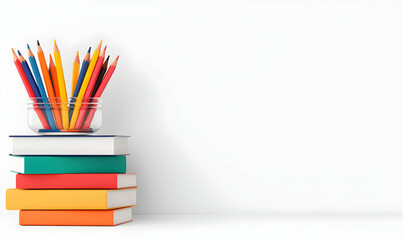 Fototapeta premium Colorful Pencils in Jar on Stack of Books Against White Background