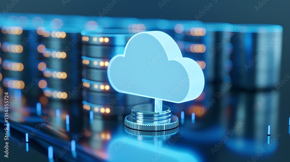 Poster modern cloud storage concept with digital data and server rack in futuristic environment
