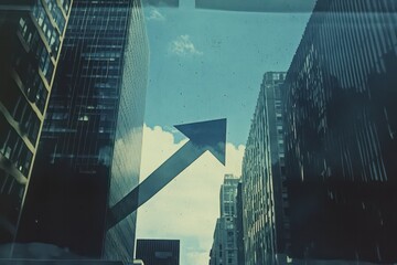 A corporate financial scene showing an upward trending arrow with office buildings in the backdrop, representing the success of the stock market.