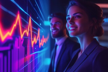 Futuristic Setting Showcasing Sharp Revenue Growth With a Confident Team Discussing Strategies in Vibrant Colors