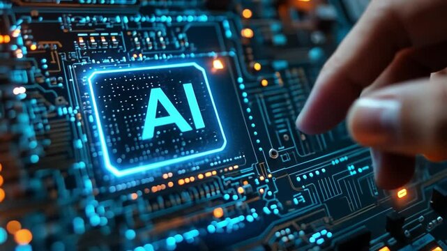 The Future is Now: A finger hovers over a glowing "AI" inscription embedded within a complex circuit board, symbolizing the imminent arrival of artificial intelligence.