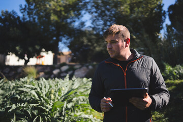 Farmer monitors the growth and health of his artichoke crop, utilizing a digital tablet for data analysis and sustainable farming practices in an ecological agricultural setting