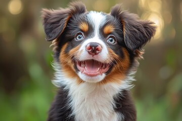 Adorable puppy smiling happily outdoors with blurred green and bokeh background