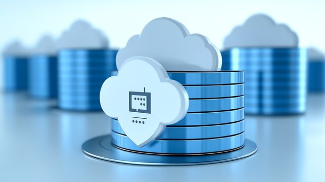 Modern Data Storage Cloud with Stacked Blue Disks and Cloud Icons in a Digital Environment