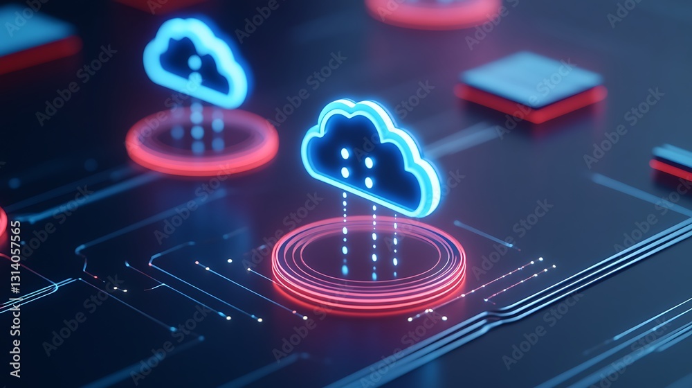 Poster modern digital cloud computing concept with neon effects and circuit patterns for technology stock p