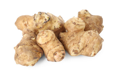 Fresh Jerusalem artichokes isolated on white. Root vegetable