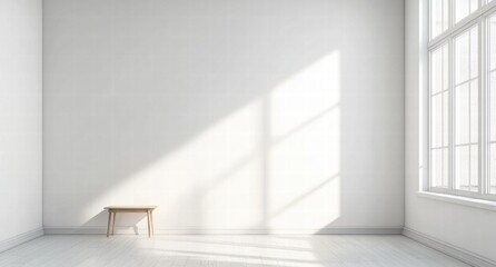A white room with a wooden bench in the corner