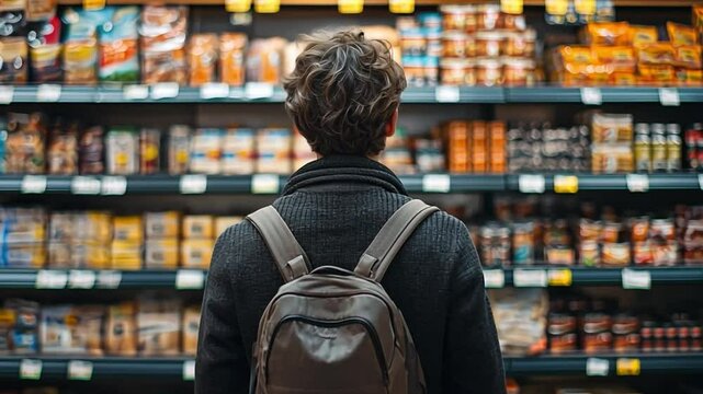 Aisle of Choices: A person contemplates the numerous options available while browsing a supermarket aisle filled with diverse food products, highlighting consumerism, decision-making, and daily life.