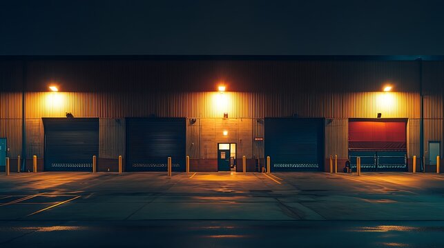 Night view of illuminated warehouse loading docks with closed doors.