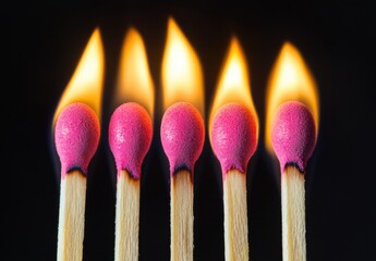 A row of five matches with a single match lit