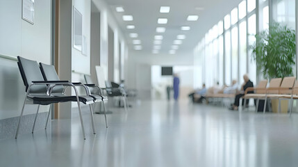 Bright Modern Hospital Waiting Room With Empty Metal Chairs And Blurred Patients In Background