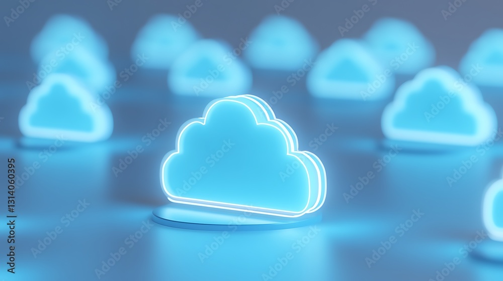 Wall mural neon cloud icons against soft background for digital technology concept and cloud computing visualiz