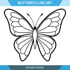 Simple black line art drawing of a butterfly with editable stroke. Perfect for coloring, prints, or digital design projects. Clean, minimalist style.