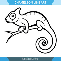 Adorable Chameleon Line Art Editable Vector Illustration for Coloring pages or digital design. Editable stroke for easy customization.