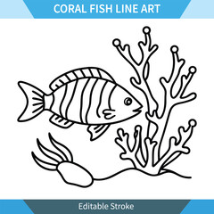 Coral Reef Fish Line Art Editable Vector Illustration