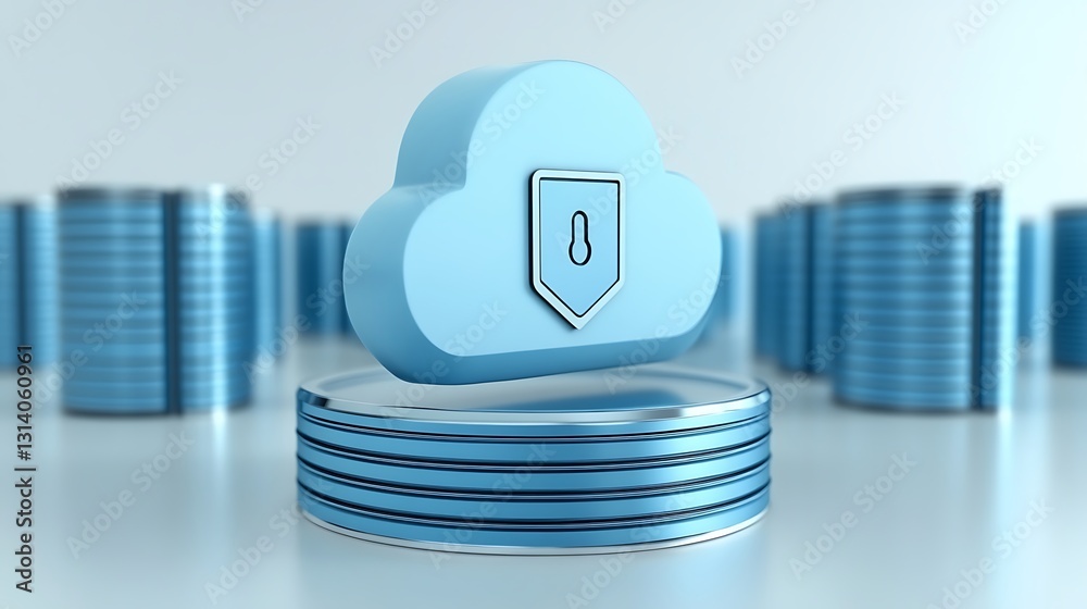 Poster secure cloud storage concept with blue lock symbol on data stacks representing digital security and 