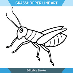 Grasshopper Line Art Editable Vector Illustration, Black and white, clean lines, suitable for coloring, illustration, or design projects.