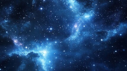 Fototapeta premium A breathtaking starry sky showcases a vibrant cluster of twinkling stars at its center, surrounded by a deep blue expanse dotted with countless shimmering celestial bodies.