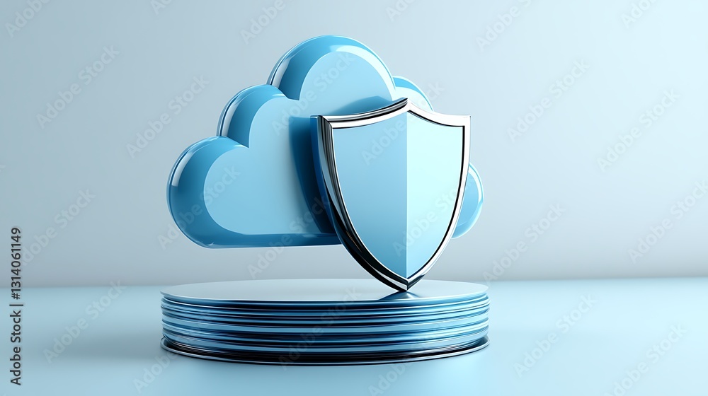 Poster secure cloud storage icon with shield symbolizing data protection and cybersecurity in soft blue col