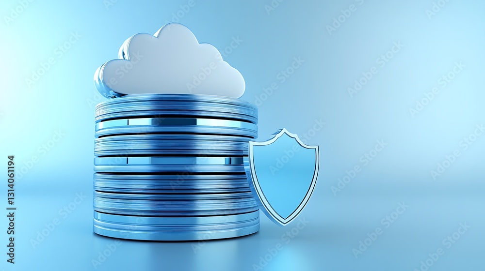Poster secure cloud storage with shield icon for data protection and privacy safeguards in digital environm