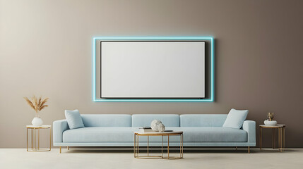 Modern Minimalist Living Room With Blue Sofa And Turquoise Lighting