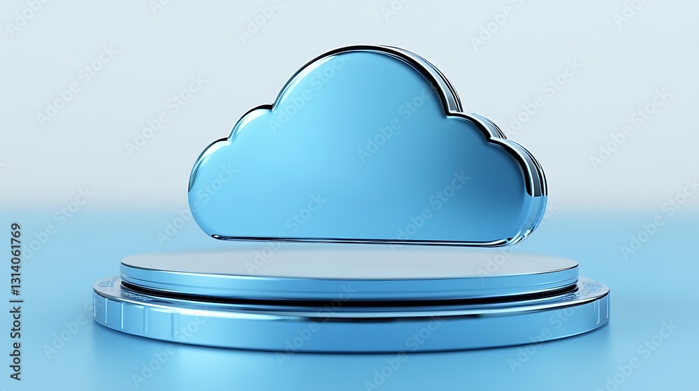 Poster stylish blue cloud shape on minimalist platform for technology concepts and digital storage solution