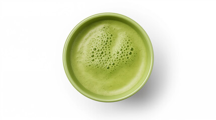 Frothy Matcha Latte in Green Bowl Top View