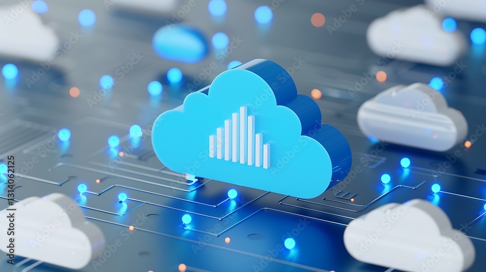 Poster vibrant blue cloud with graph icon representing data analysis and cloud computing in modern technolo