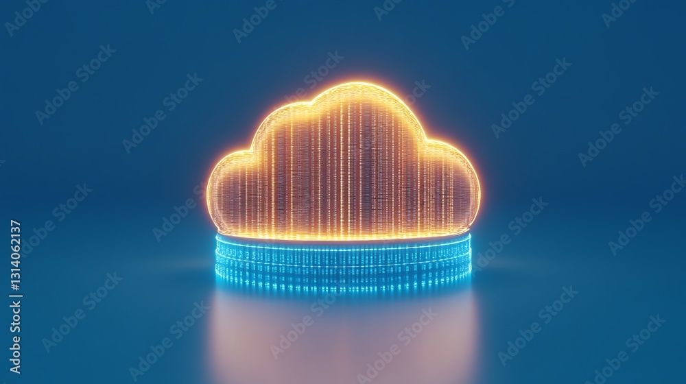 Poster vibrant cloud computing concept with binary code representation and neon lights on blue background