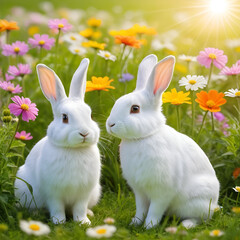 Obraz premium Enchanting Rabbits Meadow - Two rabbits enjoying a serene meadow filled with colorful flowers and soft light