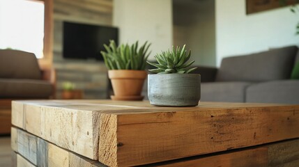 Two potted plants sit atop a rustic wooden coffee table