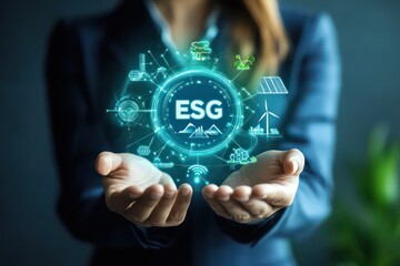 A corporate woman holding an ESG logo with elements of renewable energy sources like wind, solar, and water in the background.