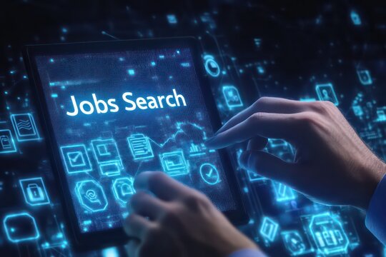 A modern job-searching concept with a businessman interacting with a virtual interface to click on "Jobs Search" in a tech-forward environment.