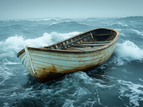 Ein einsames Ruderboot k&auml;mpft gegen die Wellen