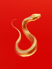 Fototapeta premium gold metallic snake on a red background, Chinese new year, holiday, gold luxury, abstract serpent illustration,3D render