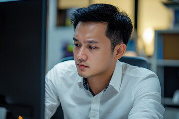 Focused young man working on computer serious office employee job desk male face task adult white