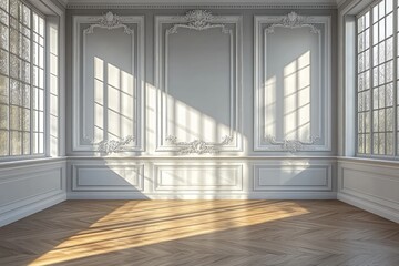 Fototapeta premium Bright sunlight floods ornate room with wood floor, casting shadows on the wall