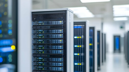 Modern Data Center With Server Racks and Network Hardware in a Brightly Lit Room With Cool Blue and White Tones