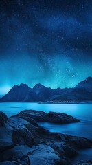Naklejka premium Lofoten Islands under the stunning Aurora Borealis, with streaks of light illuminating the coastline,