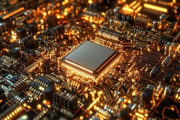 Obraz premium Close-up Microchip on Circuit Board with Golden Glow and Complex Network