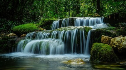 A beautiful tiered waterfall cascades over mossy rocks in lush forest