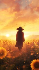 Mysterious woman in hat walking through sunflower field at sunset