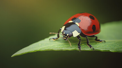 Naklejka premium Close-Up of Ladybug on Leaf in Sunlit Garden